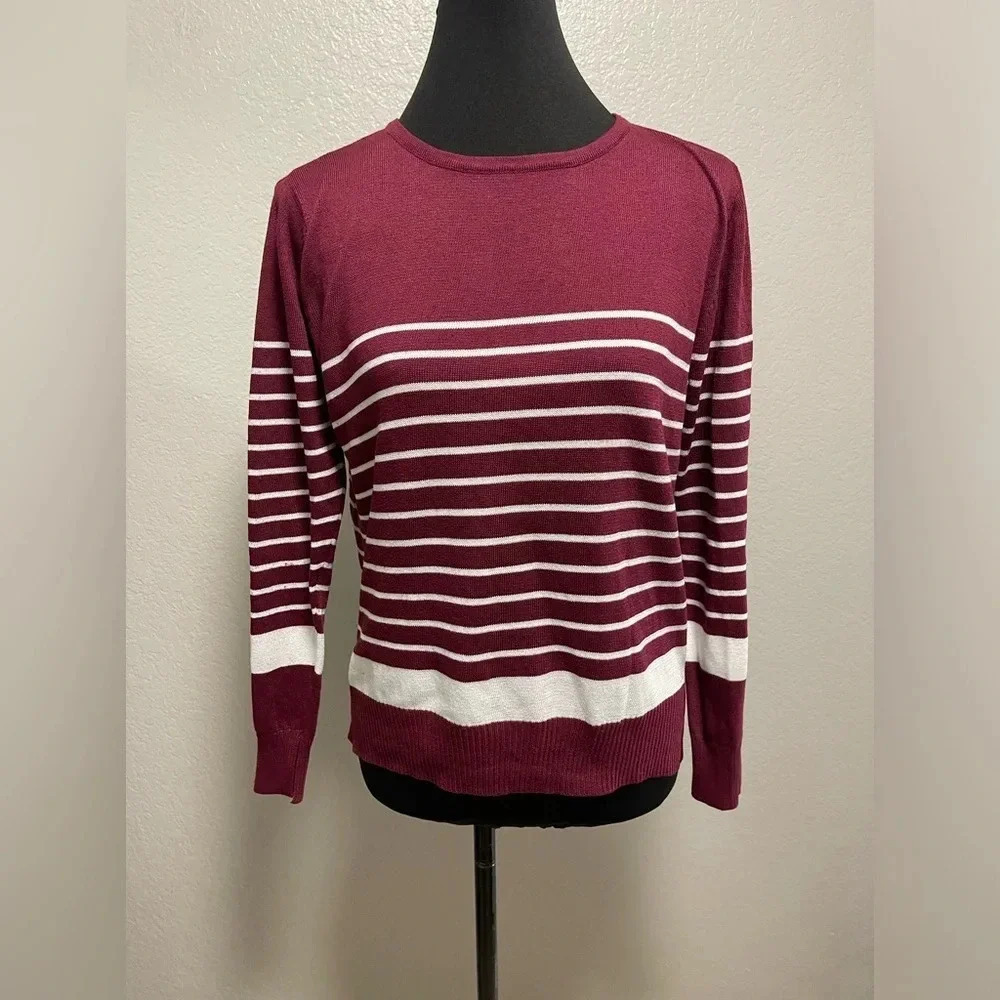 TeenBell Women’s Burgundy/White Colorblock Striped Crewneck Sweater Small